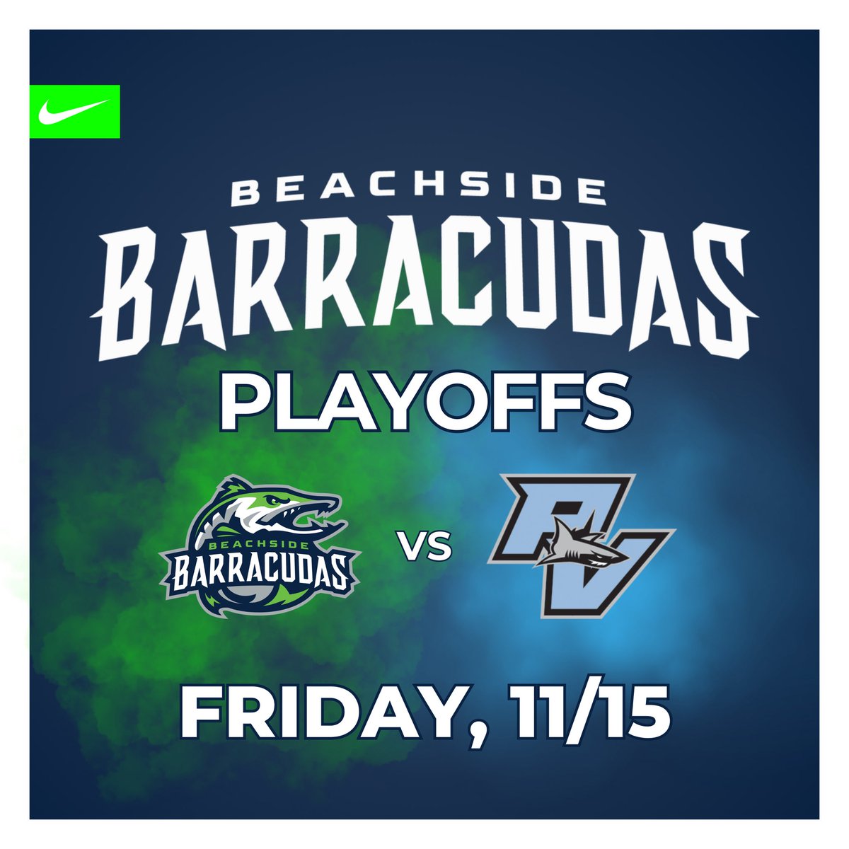 RIDE THE WAVE! The Barracudas are on the road to face off against the Sharks in a playoff showdown next Friday 11/15 7:00pm at Ponte Vedra HS.

#LetsGetlt #BarracudaNation #BeachsideMade