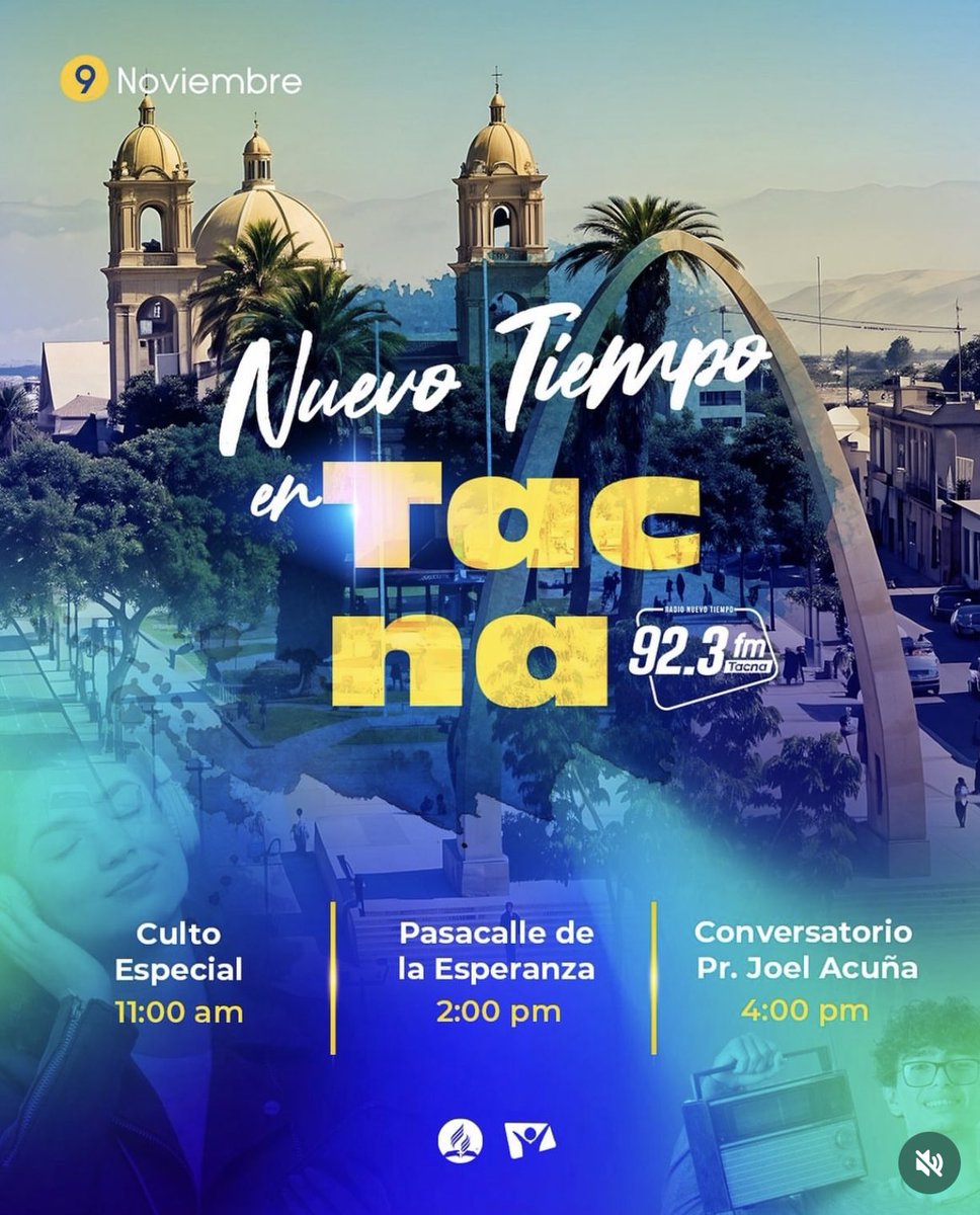 📢 ¡Atención, Tacna! 🤩🎉

Este 9 de noviembre, únete a nosotros en el gran lanzamiento de la Radio Nuevo Tiempo 📻 en tu ciudad. Ven y sé parte de un día lleno de actividades y esperanza 💛

#Radio #NuevoTiempo  #Tacna