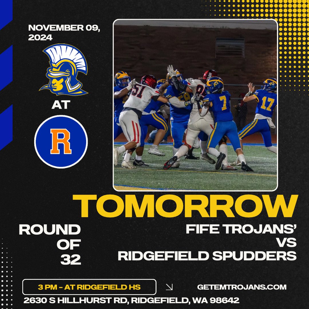 Players need to be at Fife High School at 9am. Bus leaves at 10:30am to Ridgefield, WA. Kickoff is at 3pm at Ridgefield High School. See you there! #ATF #DTT #FDF #EMAT #getemtrojans