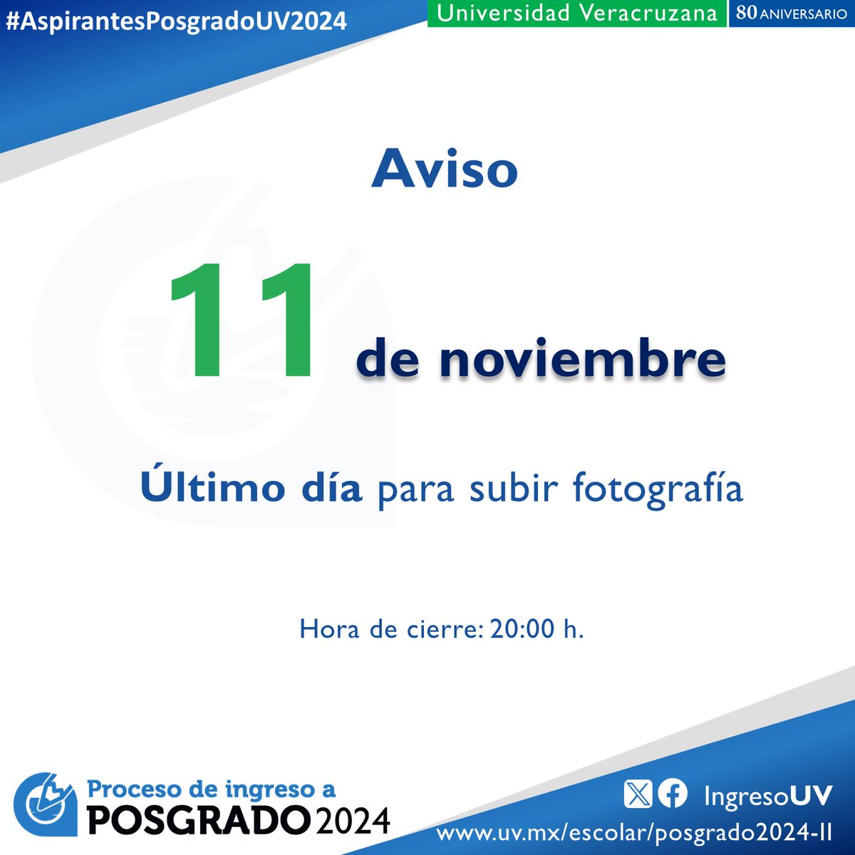 #AspirantesPosgrado2024 
📅⏳ 11 noviembre último día para subir la fotografía y avanzar en el registro de ingreso a #PosgradoUV  Convocatoria: bit.ly/4fZDZN9 
#IngresoUV
