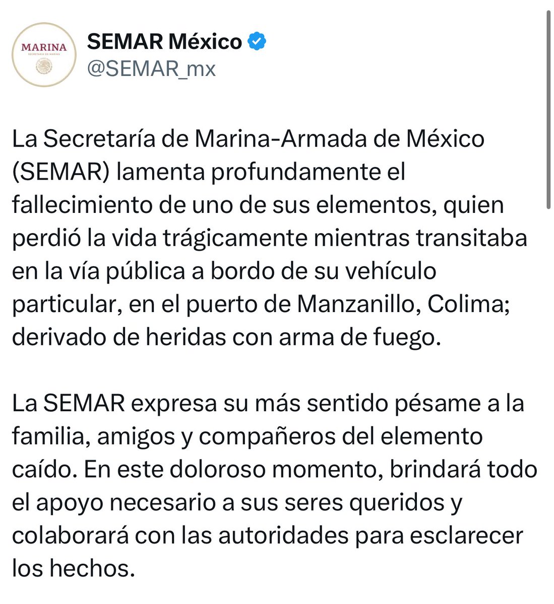 azucenau's tweet photo. Fue asesinado el contraalmirante de la SEMAR, Fernando Rúben Guerrero Alcantar mientras viajaba  en su vehículo en el fraccionamiento Las Brisas en Manzanillo, Colima, donde sujetos le habrían disparado 

Es el segundo elemento de la Marina asesinado en menos de un mes https://t.co/kJMQlf3XCJ