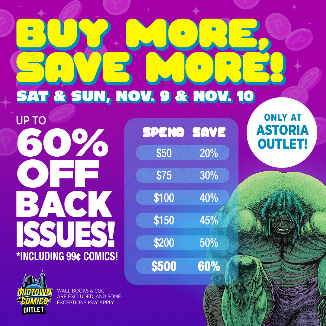 MidtownComics's tweet photo. Swing by our #Astoria Outlet NOV 9 &amp; 10 to snag piles of #backissue #comicbooks up to 60% off! 

It even includes our ENORMOUS stock of 99¢ comics- only wall books and CGC books are excluded
The more you buy the more you #save !

#comicbookshop #comicbooks #Queens #Outletshopping https://t.co/SY7TjmNNxF