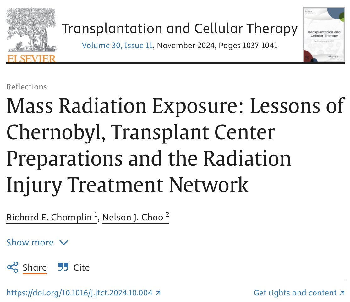 DukeHMCT's tweet photo. A thoughtful reflection on lessons learned from #Chernobyl and how stem cell transplant centers can prepare for future nuclear catastrophes, authored by @MDAndersonNews @RichardChamplin and @DukeCancer Dr. #NelsonChao. @ASTCT_Journal #RITN
https://t.co/OOgf6QqpCa https://t.co/8sqpHRcguj