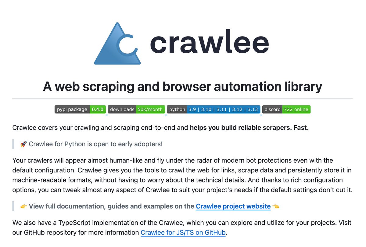 Crawlee-Python: 端到端的网页爬虫和浏览器自动化开源项目@apify # 接近人类行为的爬取方式, 能有效避免被反爬虫系统识别#  提供两种主要的爬虫类型: · BeautifulSoupCrawler:
