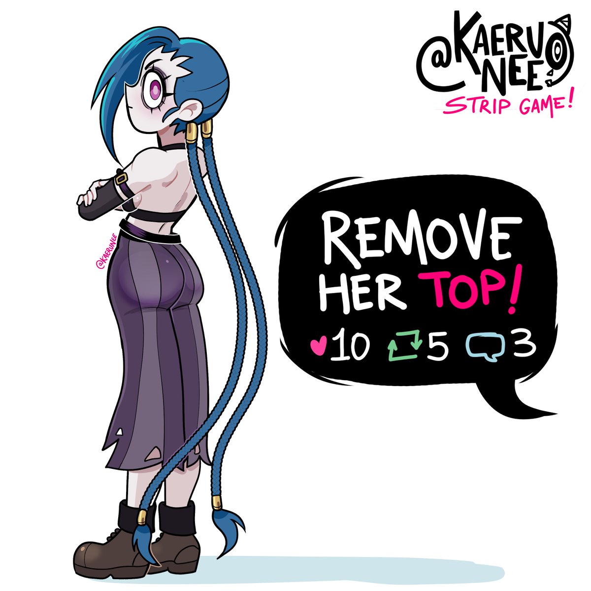 kaeruNee's tweet photo. #stripgame w/JINX pt 1! #Jinx  #arcanesseason2 #Arcane #LeagueOfLegends  want to play? https://t.co/m3gMkYEMsU