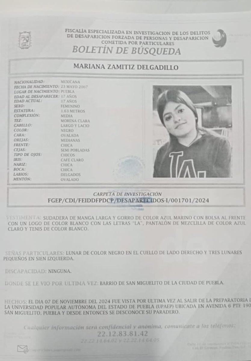una amiga de mi hermano está desaparecida desde el día de ayer 😔 por favor ayúdennos a compartir 🙏🏻 

#Puebla