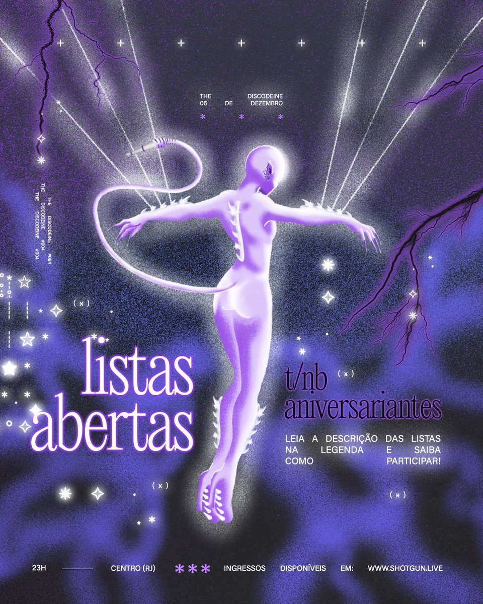 🔮 LISTAS ABERTAS!

Pessoas trans/não-bináries &amp; aniversariantes do mês de dezembro são nossos convidades! As listas estão disponíveis pelo nosso Instagram, acesse:

🔗 instagram.com/thediscodeine