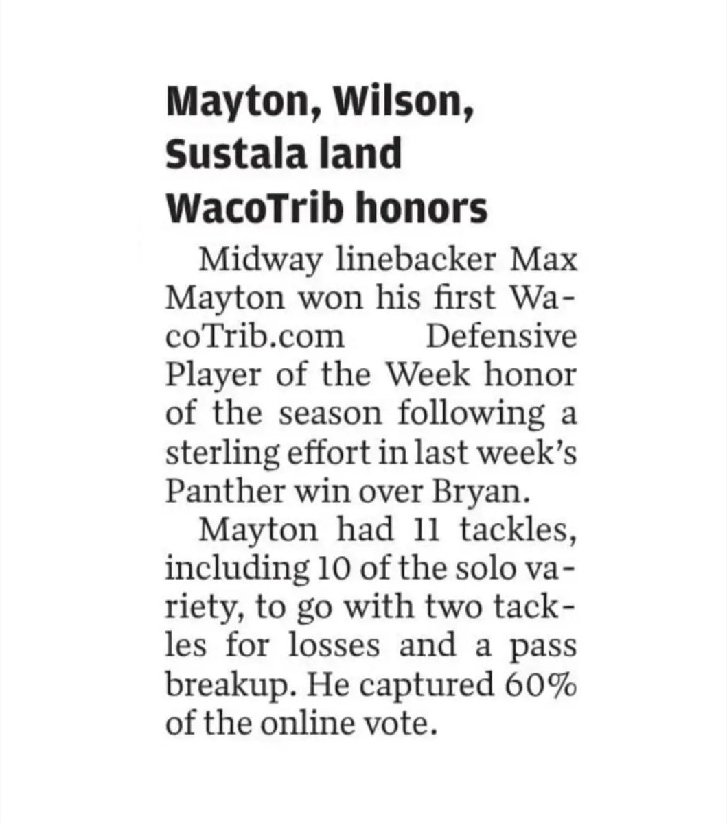 Max Mayton (@maxmayton99) on Twitter photo Thank you to everybody for all the votes and support. <a href="/MidwayFB/">Waco Midway Football</a> <a href="/wacotrib/">Waco Tribune-Herald</a> <a href="/joe_gillespi3/">Joseph Gillespie</a> <a href="/CoachEMartinez_/">Coach E Martinez</a> Thank you to everybody for all the votes and support. <a href="/MidwayFB/">Waco Midway Football</a> <a href="/wacotrib/">Waco Tribune-Herald</a> <a href="/joe_gillespi3/">Joseph Gillespie</a> <a href="/CoachEMartinez_/">Coach E Martinez</a>