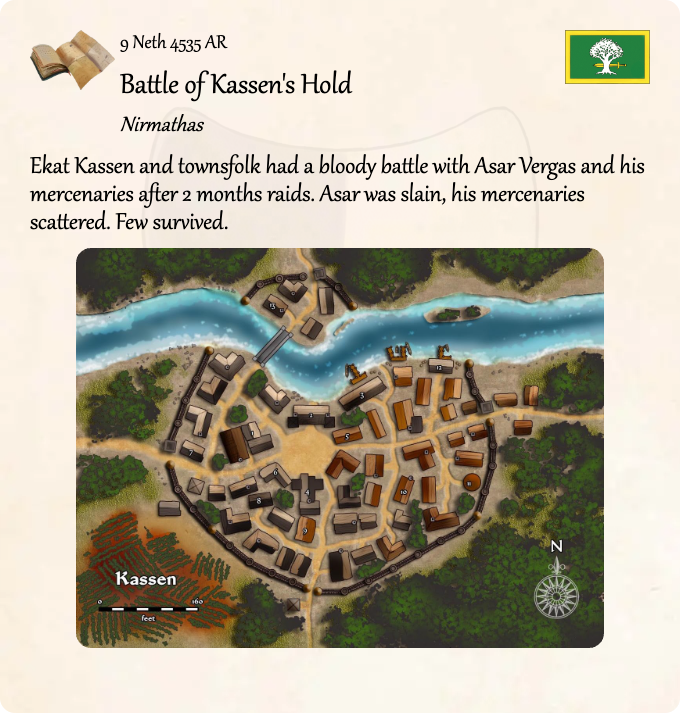 GolarionToday's tweet photo. 9 Neth 4535 AR: Battle of Kassen's Hold
#Nirmathas #Kassen #EkatKassen #AsarVergas #4535AR
https://t.co/tS0iRbn3wq
Ekat Kassen and townsfolk had a bloody battle with Asar Vergas and his mercenaries after 2 months raids. Asar was slain, his mercenaries scattered. Few survived. https://t.co/ho7DYt0c8x
