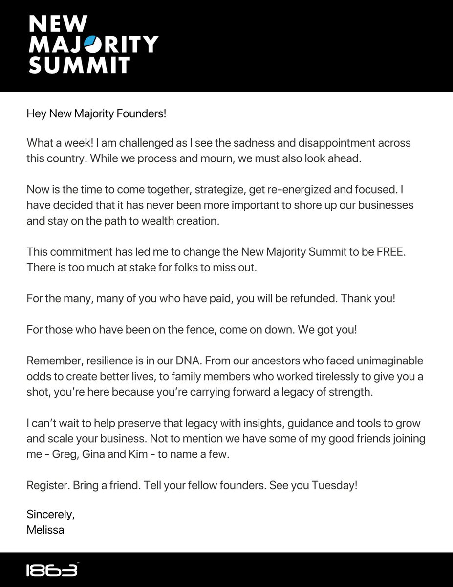 🌟 Important Update🌟 
In these challenging times, it’s crucial that we unite and focus on the future. We are excited to announce that the New Majority Summit will now be FREE! 🤝✨ Those who paid will be refunded—thank you for your support!

newmajoritysummit.com/newmajorityhtx