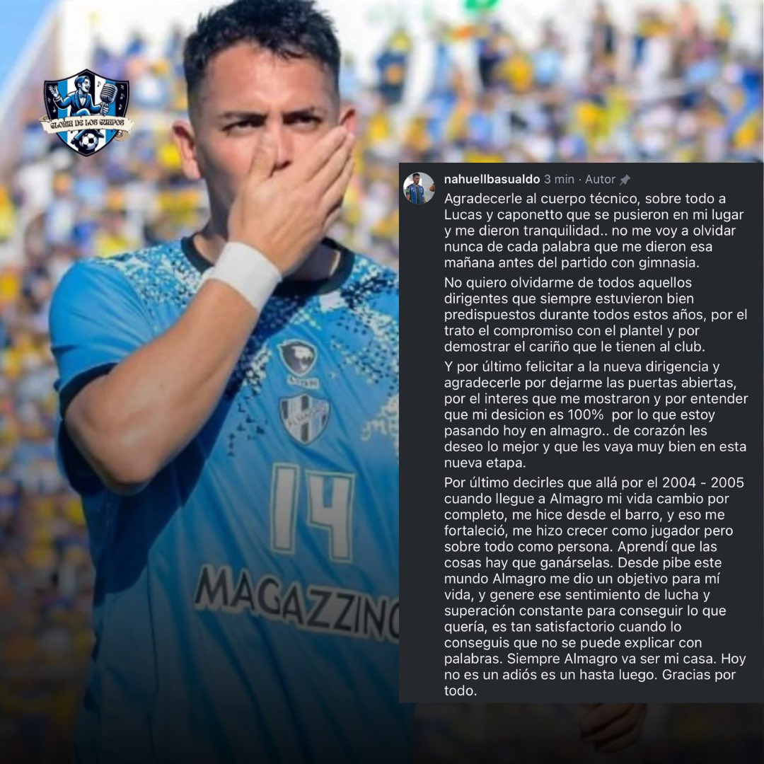Las palabras de despedida del capitán, Nahuel Basualdo, anunciando su salida de #Almagro 

👋©️ Hasta la vuelta capitán 🫡