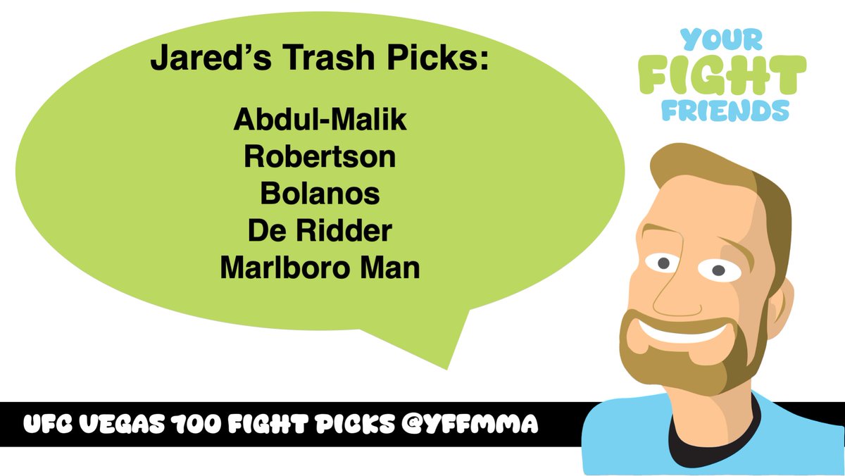 yffjared's tweet photo. Hey @yff_dj appreciate you letting me tie it up. You're really selling the whole being average at picking fights thing. #UFCVegas100 #FightPicks #FightFriends https://t.co/7rhH6EvZmq