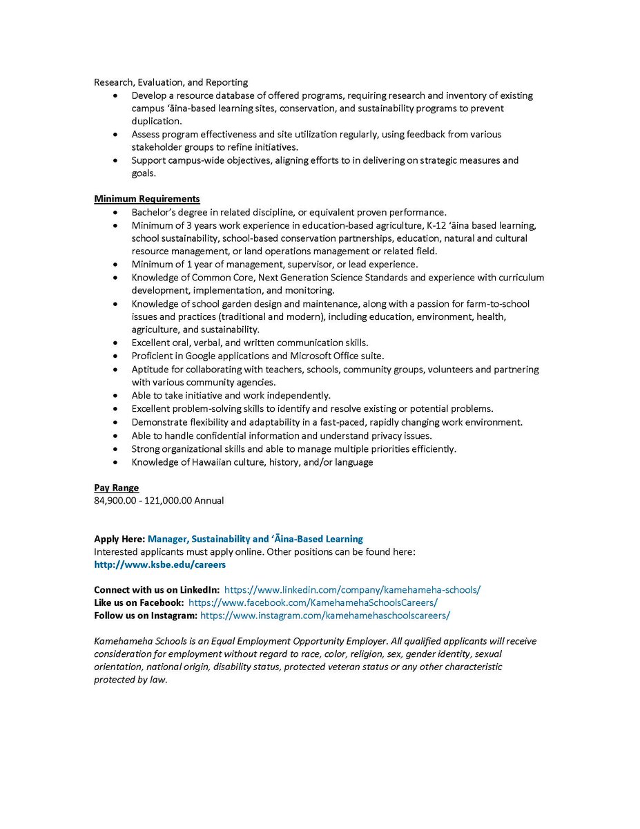 Kamehameha School natural resource management job opening!!!

Sustainability and ʻĀina-Based Learning Manage

Pay Range: 84,900.00 - 121,000.00 Annual

Deadline: 11/15/2024

Link to Apply: ksbe.wd1.myworkdayjobs.com/en-US/External…