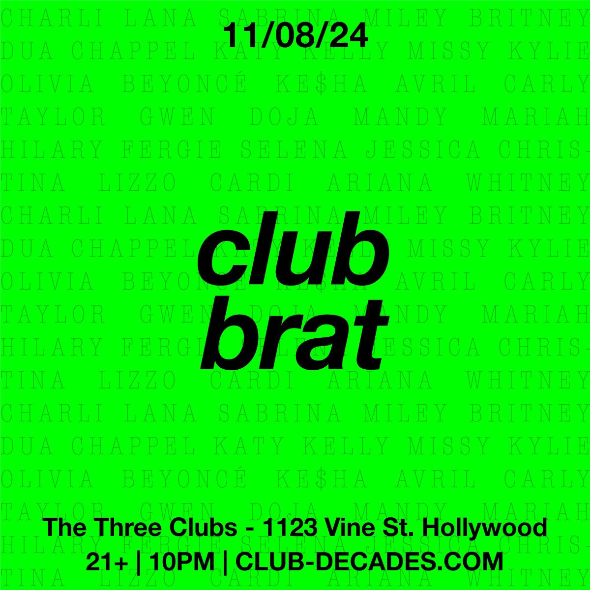 Tonight at The Three Clubs in Hollywood. Club Brat returns Get Tix club-decades.com

#clubbrat
#brat 
#clubdecades
#charlixcx
#hollywood