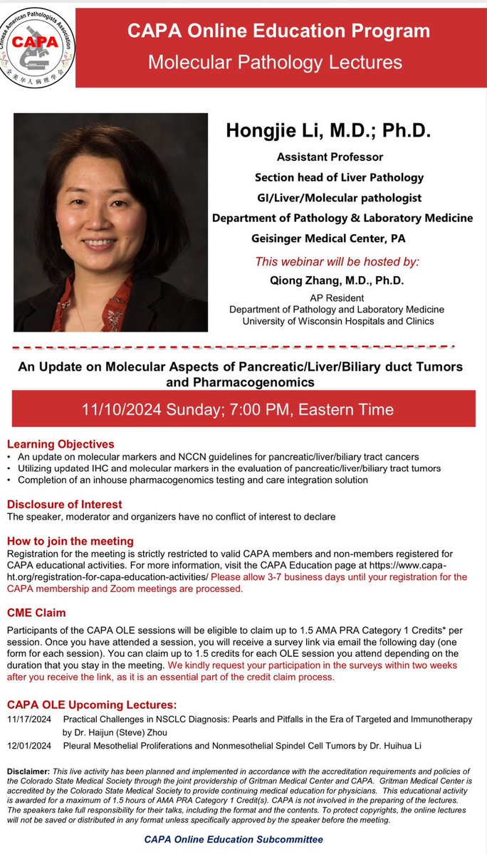 Chinese American Pathologists Association (@capa_comm) on Twitter photo 📢 Join us for another #CAPA Molecular session on 11/10, 7 PM ET! Dr. Hongjie Li from <a href="/GeisingerPath/">Geisinger Pathology</a> will provide an update on the molecular aspects of pancreatic, liver, and biliary duct tumors, along with pharmacogenomics. She will also cover the NCCN guidelines. Host:<a href="/Qiong511/">Qiong Zhang, MD. PhD.</a> 📢 Join us for another #CAPA Molecular session on 11/10, 7 PM ET! Dr. Hongjie Li from <a href="/GeisingerPath/">Geisinger Pathology</a> will provide an update on the molecular aspects of pancreatic, liver, and biliary duct tumors, along with pharmacogenomics. She will also cover the NCCN guidelines. Host:<a href="/Qiong511/">Qiong Zhang, MD. PhD.</a>