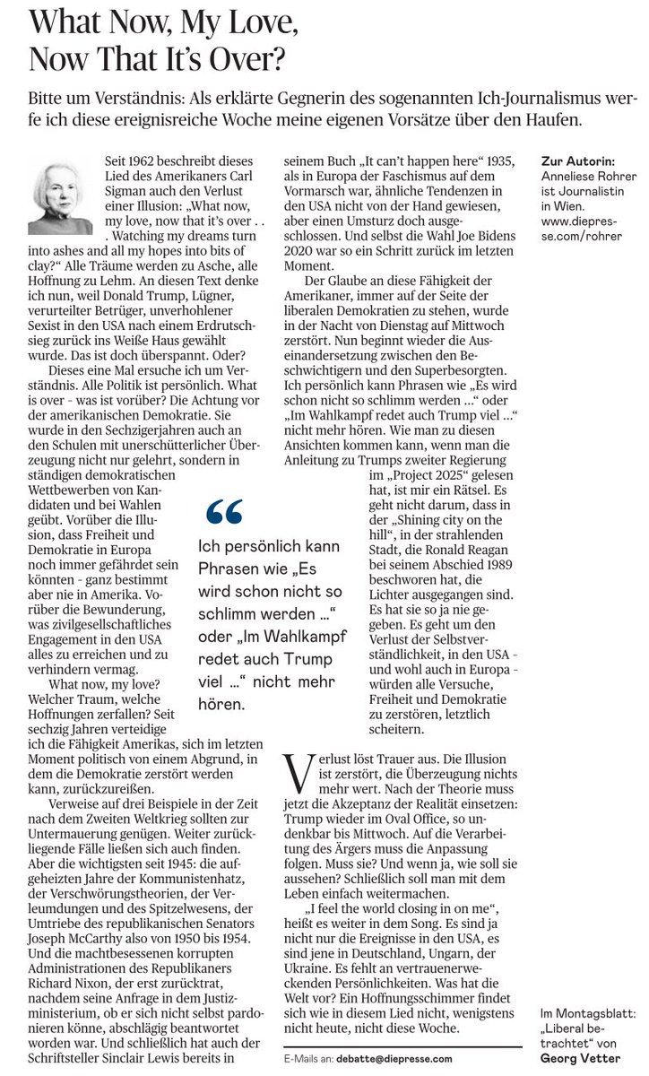 Anneliese Rohrer: What now, my love? Welcher Traum, welche Hoffnungen zerfallen? […] Verlust löst Trauer aus. Die Illusion ist zerstört, die Überzeugung nichts mehr wert.
Nichts hat seit Mittwoch meine Stimmung so genau wiedergegeben, wie die Worte A. Rohrers.