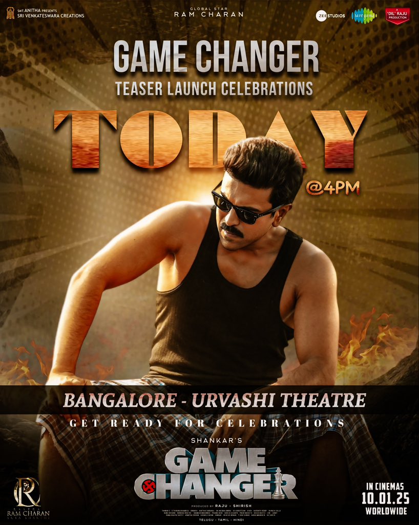 MEGA SUPPORTERS (@megasupporters) on Twitter photo Global Star <a href="/AlwaysRamCharan/">Ram Charan</a> garu's Most anticipated #GameChangerTeaser release celebrations in a MASSIVE way today at 📍Banglore Urvashi theatre from 4Pm 🔥🔥
#GameChanger
#GameChangerOnJAN10 🚁
#GlobalStarRamCharan
#RamCharan Global Star <a href="/AlwaysRamCharan/">Ram Charan</a> garu's Most anticipated #GameChangerTeaser release celebrations in a MASSIVE way today at 📍Banglore Urvashi theatre from 4Pm 🔥🔥
#GameChanger
#GameChangerOnJAN10 🚁
#GlobalStarRamCharan
#RamCharan