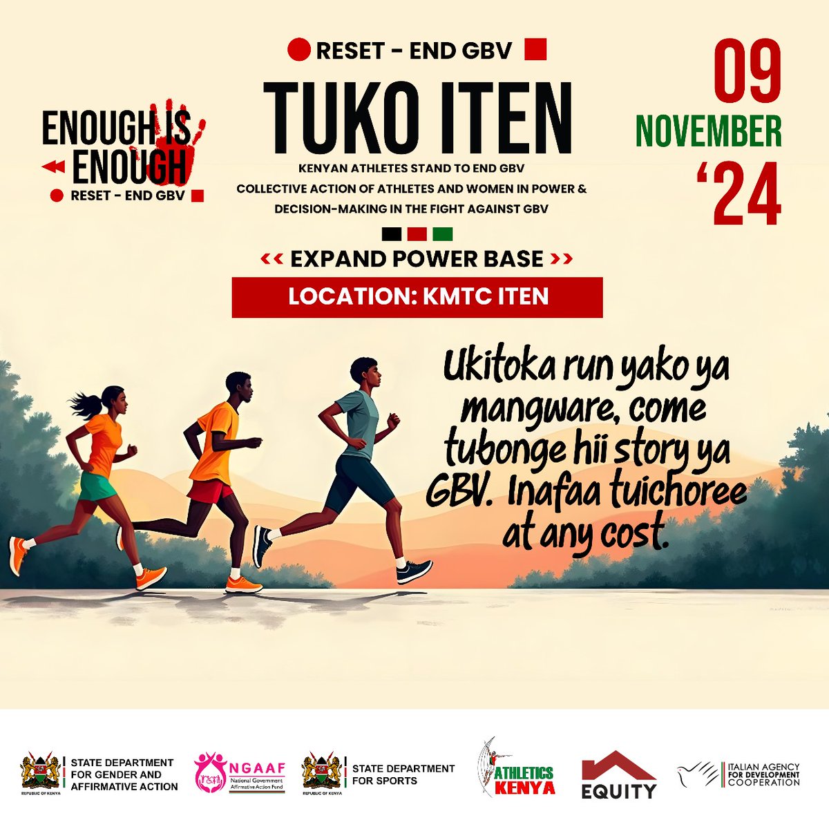 Mambo Iten champions!
After hiyo morning run, link up with us at KMTC Iten tukue na real talk on ending GBV. Tuchill, tupeane support, tupeane advice na tupate tips za financial literacy from <a href="/KeEquityBank/">Equity Bank Kenya</a> 
Usikose leo!
Come let's make a difference!
#RESET
#KenyaEndGBV