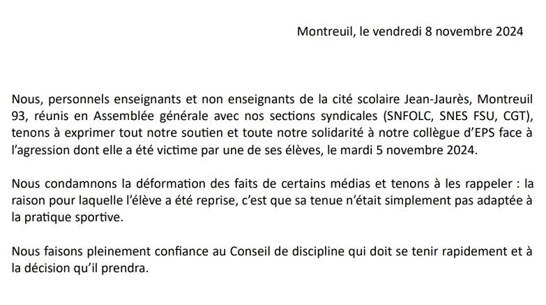 Rappel du communiqué de l’équipe du lycée Jean Jaurès : « la tenue n’était simplement pas adaptée à la pratique sportive ». On vous voit les fafs.