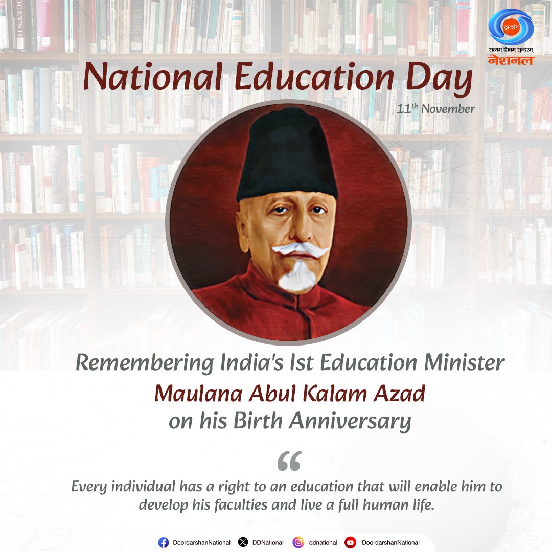 DDNational's tweet photo. Remembering Maulana Abul Kalam Azad, India's first Education Minister on #NationalEducationDay.

Education is the key to a brighter future, a path to progress, and a promise of unity and equity.

#EducationForAll #MaulanaAbulKalamAzad @EduMinOfIndia https://t.co/DKv5Ix0nZZ