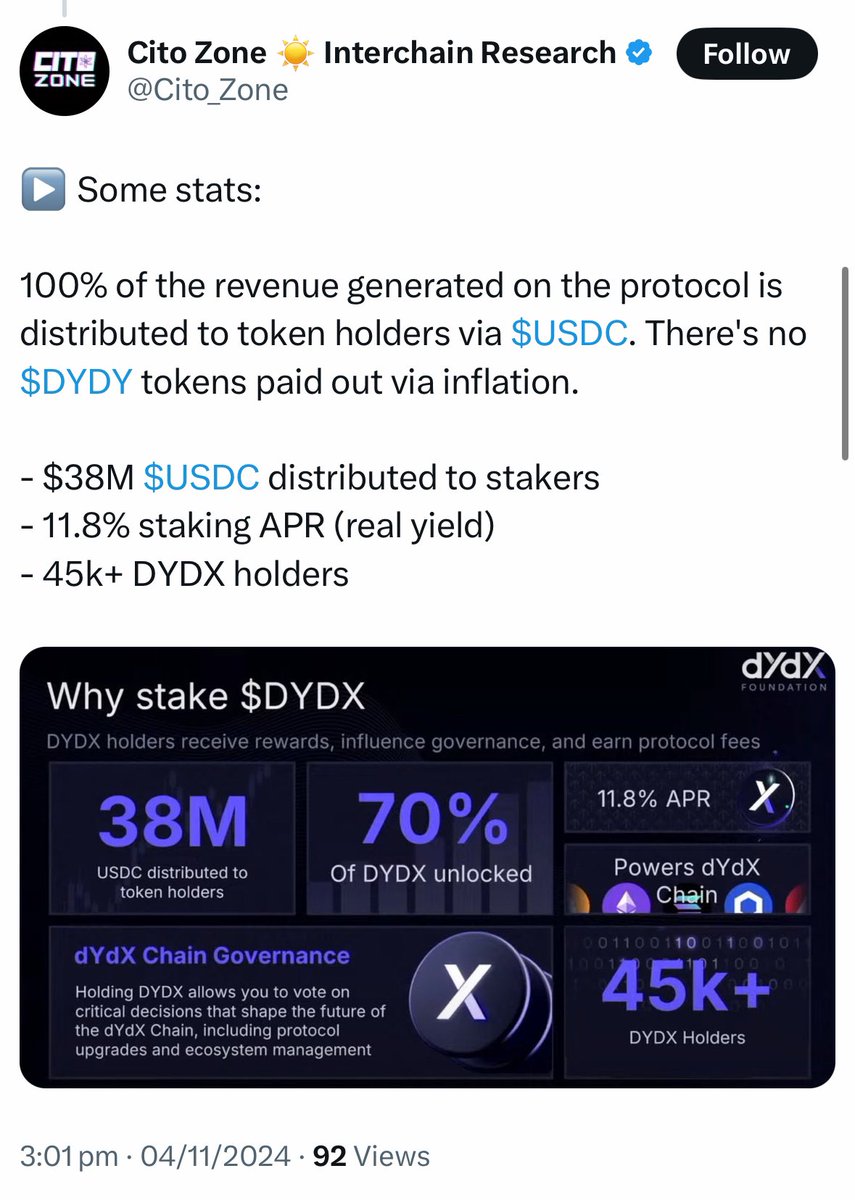 peach_1340's tweet photo. $DYDX 

> Sitting at just over $1, HTF support 

> DEX bluechip, DEFI - one of the best performing sectors since the Trump election win

> 100% of protocol fees distributed to $DYDX stakers

> DYDX Unlimited launch (catalyst) appears imminent. This is the biggest upgrade to the DYDX chain since inception:
1. Instant permissionless market listings, no listing fees, no gov vote needed (currently just c140 markets available on DYDX which requires governance approval + c4 days wait)
2. Under the current DYDX chain software, based on trading volumes, last 6 months of fees paid out to $DYDX stakers is ~$40m. With the newly proposed listing framework + bullish direction of the crypto markets, fees paid to $DYDX stakers should rapidly accelerate to $100m+ annually (enhancing token utility) going forward 
3. Introduction of prediction markets = pertinent timing given current market interest in $DRIFT + Polymarket

> Return of founder (Antonio Juliano) last month + recent aggressive team changes = v clear intent to push the project forward 

End.