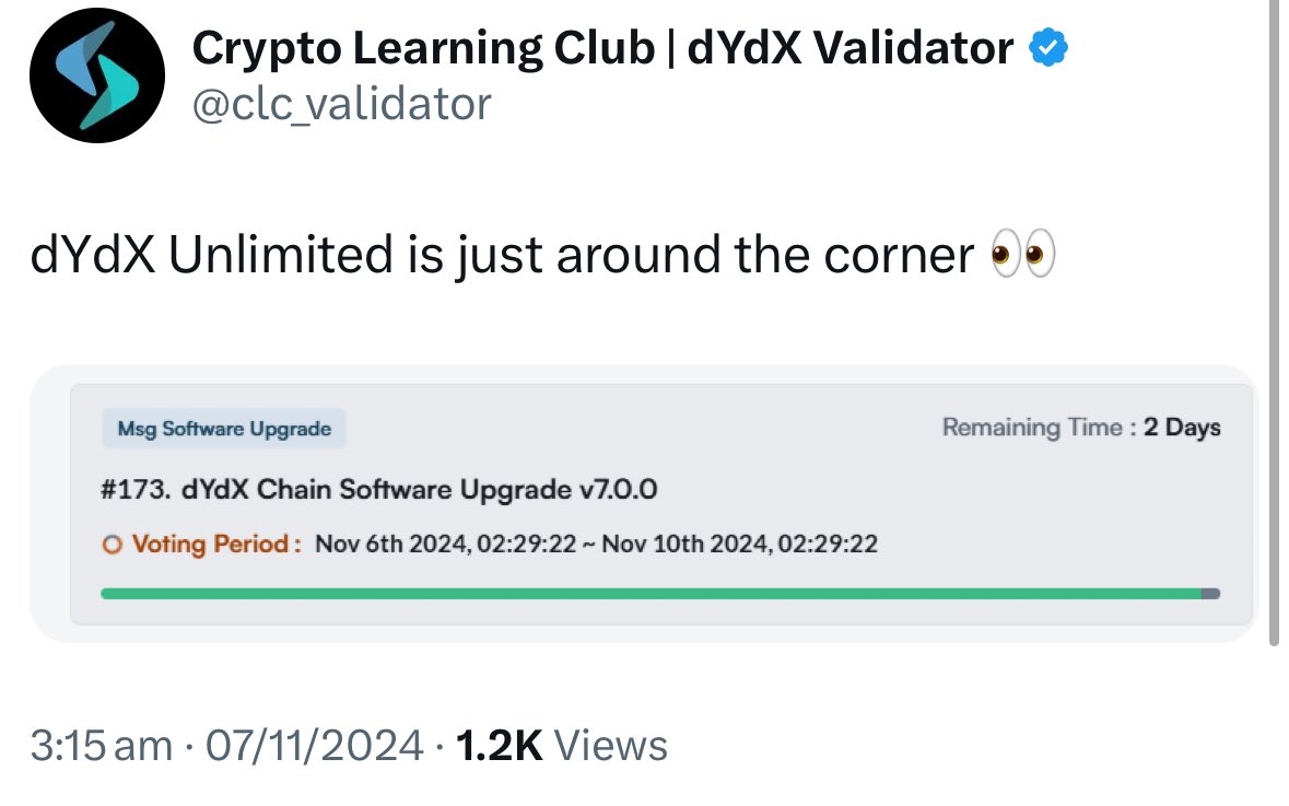 peach_1340's tweet photo. $DYDX 

> Sitting at just over $1, HTF support 

> DEX bluechip, DEFI - one of the best performing sectors since the Trump election win

> 100% of protocol fees distributed to $DYDX stakers

> DYDX Unlimited launch (catalyst) appears imminent. This is the biggest upgrade to the DYDX chain since inception:
1. Instant permissionless market listings, no listing fees, no gov vote needed (currently just c140 markets available on DYDX which requires governance approval + c4 days wait)
2. Under the current DYDX chain software, based on trading volumes, last 6 months of fees paid out to $DYDX stakers is ~$40m. With the newly proposed listing framework + bullish direction of the crypto markets, fees paid to $DYDX stakers should rapidly accelerate to $100m+ annually (enhancing token utility) going forward 
3. Introduction of prediction markets = pertinent timing given current market interest in $DRIFT + Polymarket

> Return of founder (Antonio Juliano) last month + recent aggressive team changes = v clear intent to push the project forward 

End.