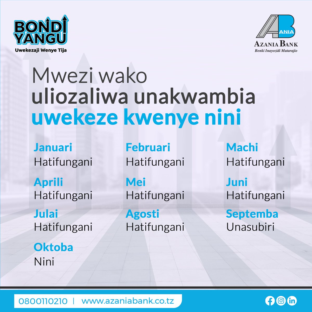 azaniaBank_ltd's tweet photo. Si wote tunajua mwezi uliozaliwa unabeba bahati yako? Tuambie kwenye comments. Umezaliwa mwezi gani?
#uwekezaji #bondiyangu #azaniabank https://t.co/6Po1cbtFlr