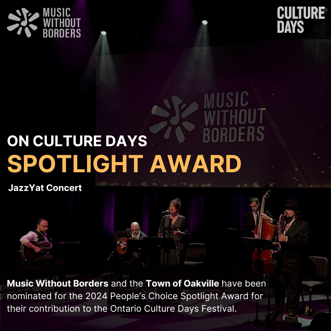 Music Without Borders- Musique Sans Frontières (@mwb_canada) on Twitter photo We’re thrilled to be nominated alongside the <a href="/townofoakville/">Town of Oakville</a> for the <a href="/ONCultureDays/">Ontario Culture Days</a> Spotlight People’s Choice Award for our JazzYat concert.
The winner will be chosen by your votes, and we’d love your support. Vote now via the link in our bio.
#MusicWithoutBordersCanada We’re thrilled to be nominated alongside the <a href="/townofoakville/">Town of Oakville</a> for the <a href="/ONCultureDays/">Ontario Culture Days</a> Spotlight People’s Choice Award for our JazzYat concert.
The winner will be chosen by your votes, and we’d love your support. Vote now via the link in our bio.
#MusicWithoutBordersCanada