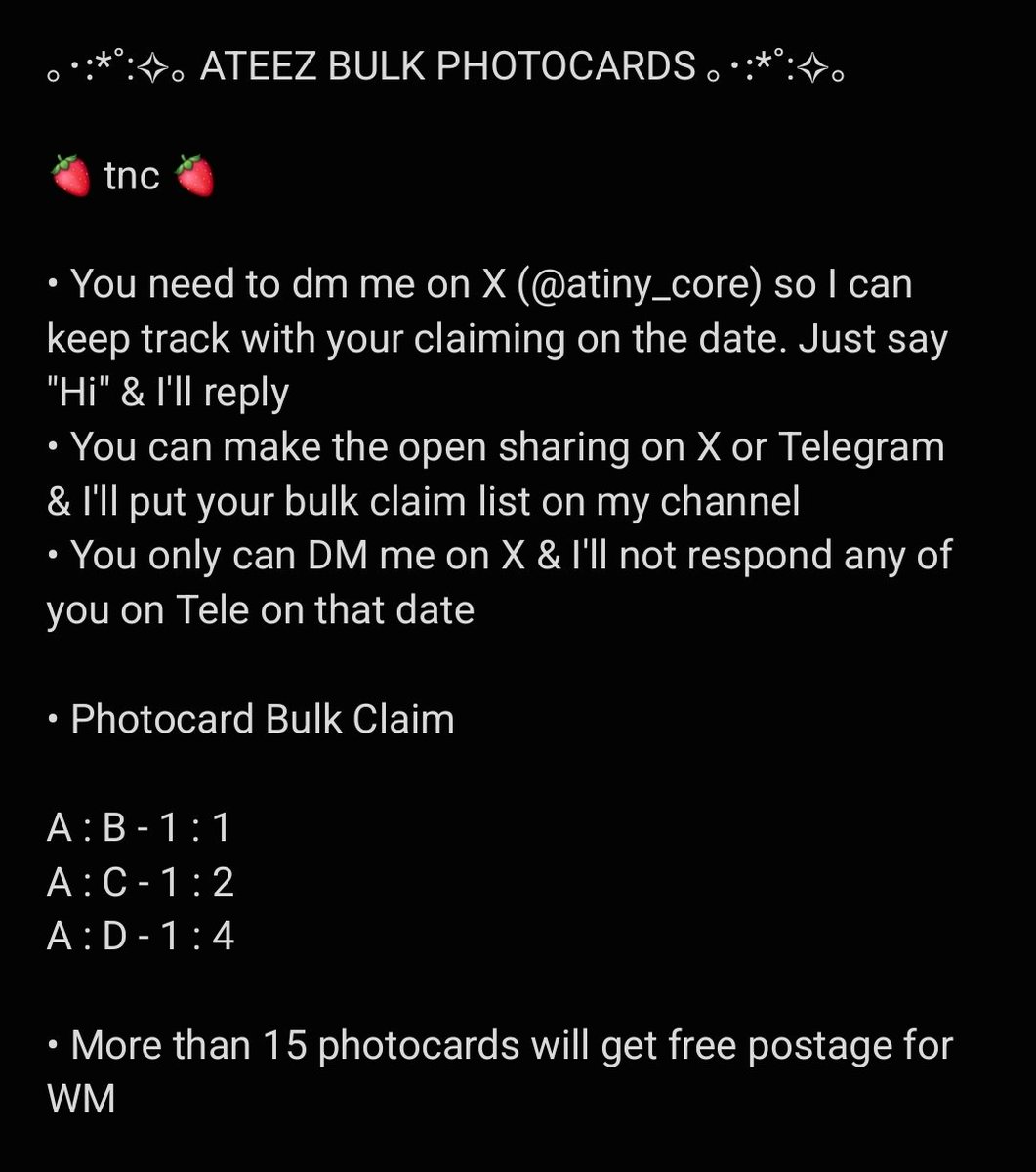 atiny_core's tweet photo. ✨️ WTS WTS WTS ✨️ 
#Tiny_sharing 

ATEEZ BULK PHOTOCARD PREVIEW

A : B - 1 : 1
A : C - 1 : 2
A : D - 1 : 4

 - 14/11 (THUR) 8 PM -
🍓 price stated in the pic
🍓 READ TNC
🍓 no backout
🍓 excl postage fee  
WM (RM10), EM (RM17)

#pasarateez #pasarATEEZMY #ATEEZ https://t.co/nUtsrpQdCO