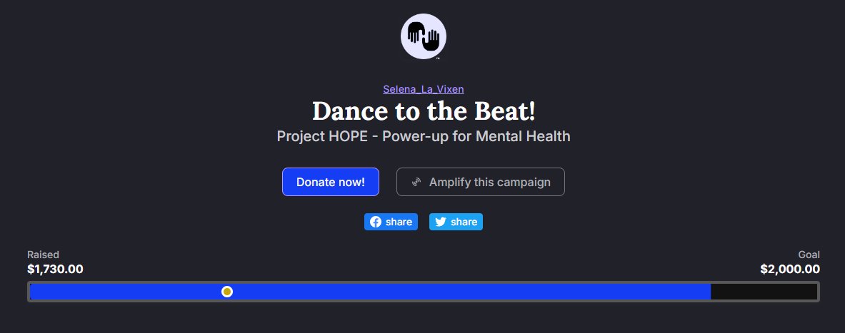 Let's goooo!!! We hit $1,730 for tonight's Charity goal for <a href="/projecthopeorg/">Project HOPE</a>! Couldn't thank you guys enough, <a href="/HellKittyselena/">Selena La Vixen</a>, <a href="/Amalija_Kihtten/">Amalija Kih'tten</a>, Zani and all the other venues, and DJ's who participated in this event!!! 💜🫂