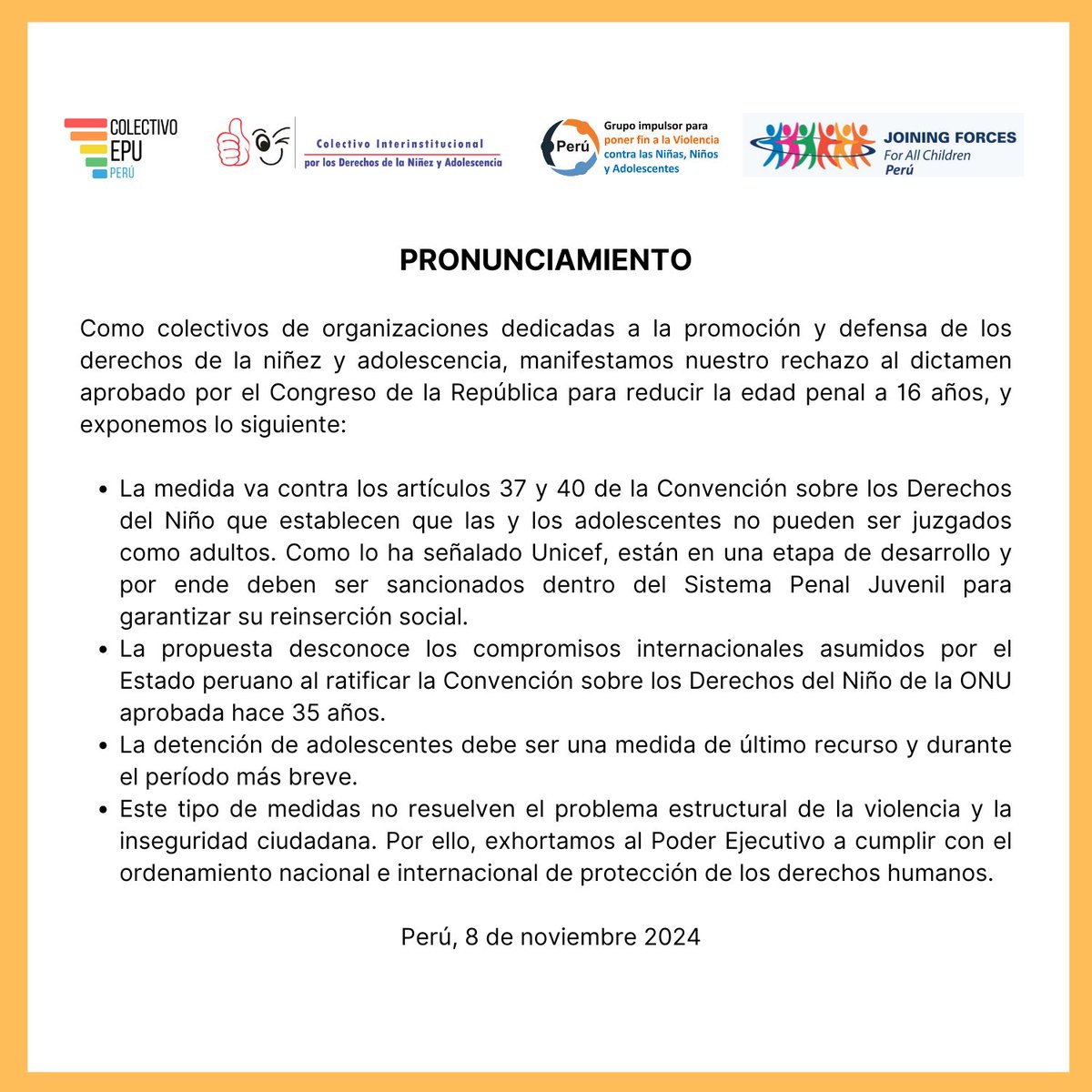 Frente a la reducción de la edad penal a 16 años, manifestamos nuestra preocupación y rechazo a la medida👇