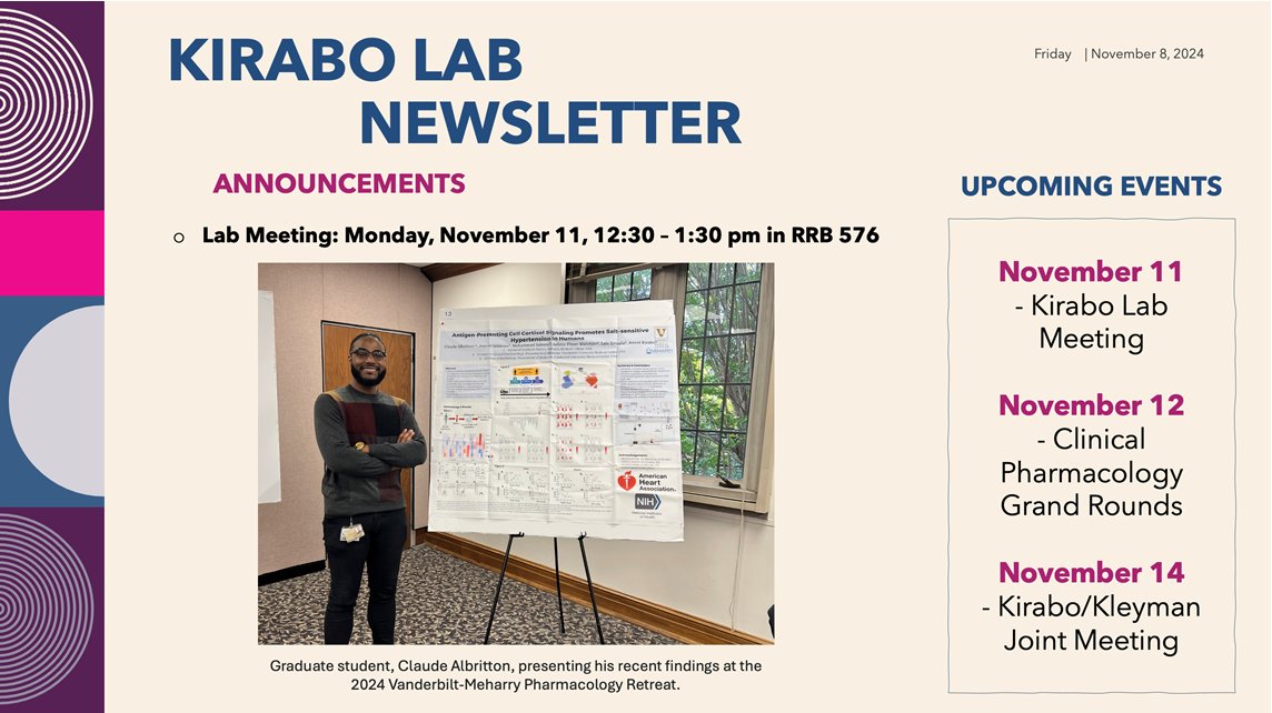 This week's #KiraboLab Newsletter featuring outstanding poster presentation by <a href="/DoctorAlbritton/">Claude F. Albritton II</a> 
at Vanderbilt-Meharry Pharmacology Retreat! @MeharrySOGS