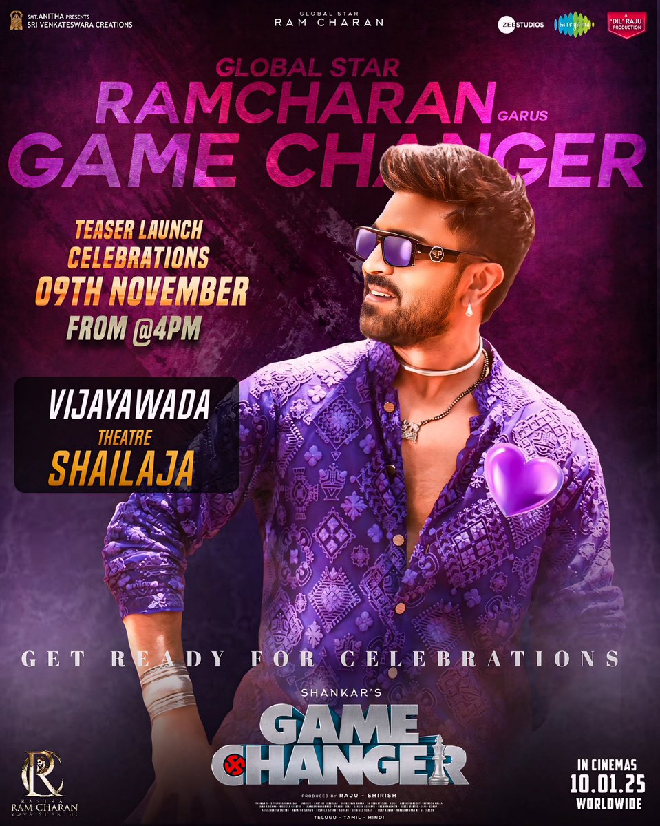 MEGA SUPPORTERS (@megasupporters) on Twitter photo Hello dear GLOBAL STAR <a href="/AlwaysRamCharan/">Ram Charan</a> garu's cults
Get ready for Mass celebrations of
#GameChangerTeaser 🔥Release today at
📍vijayawada Shailaja Theatre from 4pm
<a href="/shankarshanmugh/">Shankar Shanmugham</a> <a href="/advani_kiara/">Kiara Advani</a>
<a href="/MusicThaman/">thaman S</a> <a href="/SVC_official/">Sri Venkateswara Creations</a>
#GameChagerTeaser
#GameChangerOnJAN10 🚁 Hello dear GLOBAL STAR <a href="/AlwaysRamCharan/">Ram Charan</a> garu's cults
Get ready for Mass celebrations of
#GameChangerTeaser 🔥Release today at
📍vijayawada Shailaja Theatre from 4pm
<a href="/shankarshanmugh/">Shankar Shanmugham</a> <a href="/advani_kiara/">Kiara Advani</a>
<a href="/MusicThaman/">thaman S</a> <a href="/SVC_official/">Sri Venkateswara Creations</a>
#GameChagerTeaser
#GameChangerOnJAN10 🚁