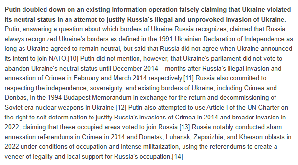 TheStudyofWar's tweet image. Putin doubled down on an existing information operation falsely claiming that Ukraine violated its neutral status in an attempt to justify Russia's illegal and unprovoked invasion of Ukraine.⬇️