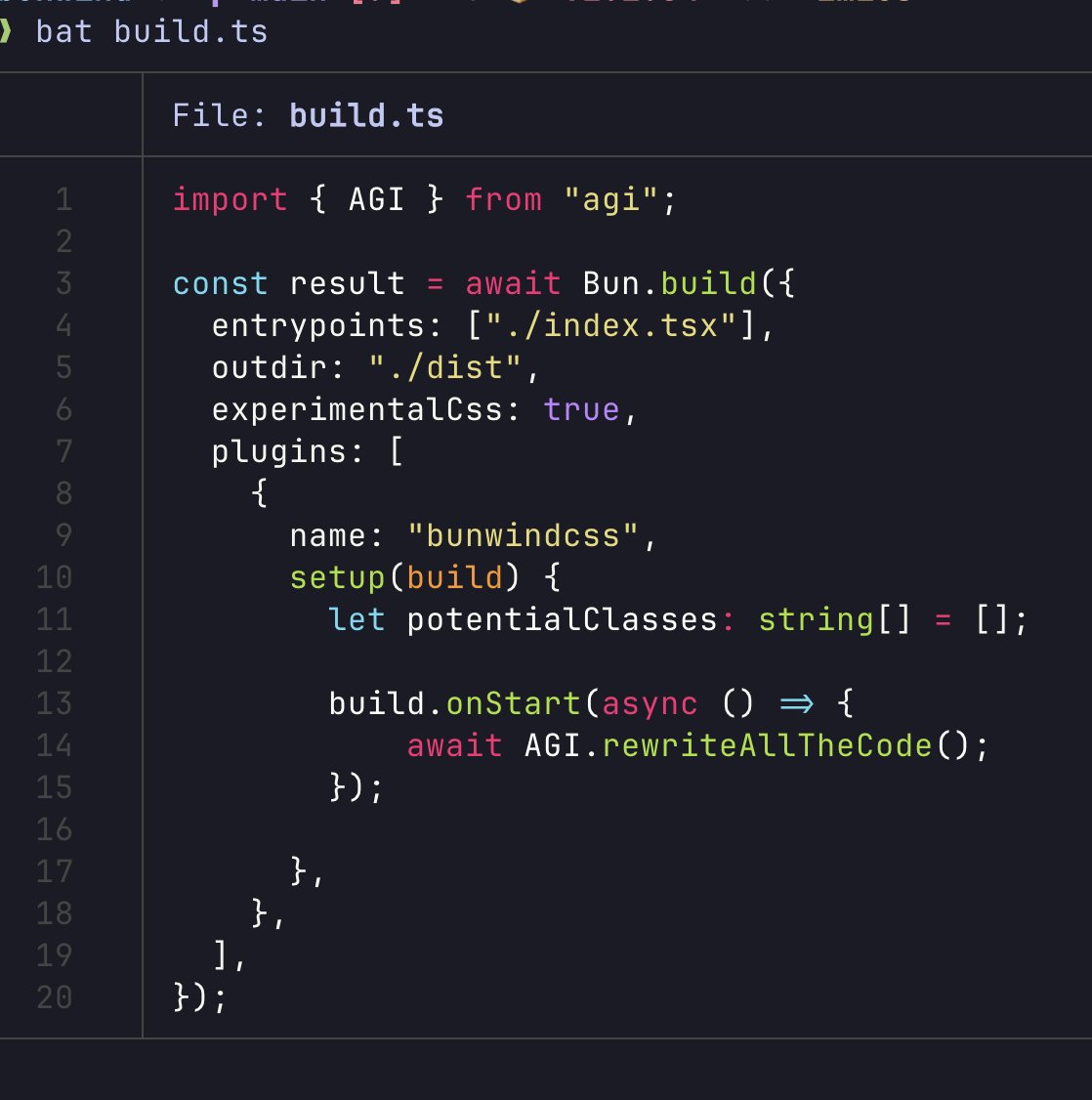 zack_overflow's tweet photo. In the next version of Bun

Bundler plugins can call `.onStart()` to execute code before the bundle starts https://t.co/PujMbmaBKq
