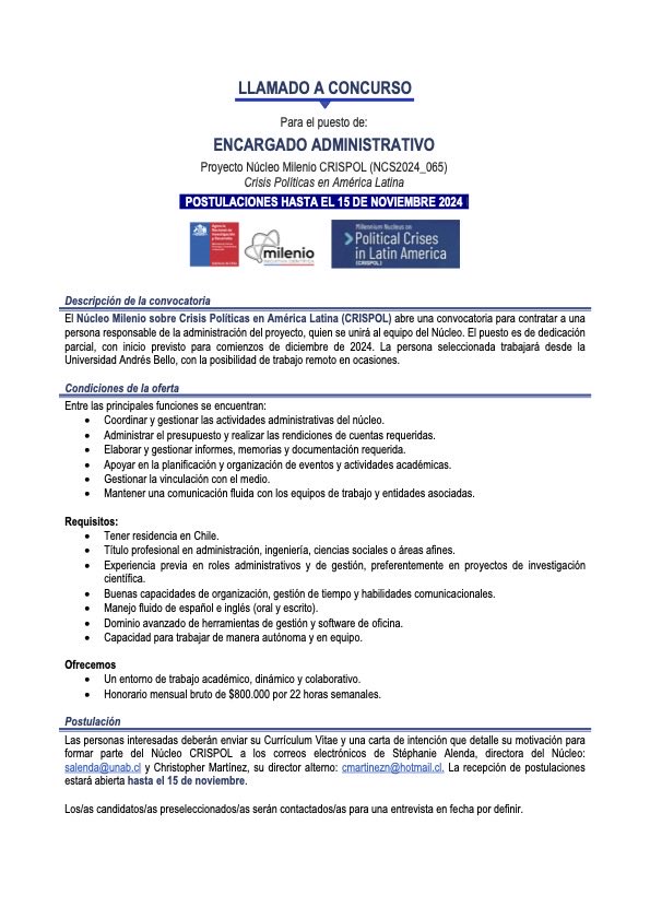 martineznourdin's tweet photo. Convocatoria para dos concursos: (a) encargado/a administrativo y (b) encargado/a de comunicaciones para Núcleo Milenio CRISPOL https://t.co/NED5PN2qTE