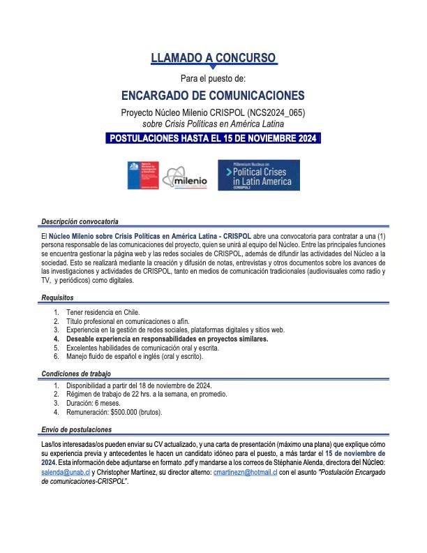 martineznourdin's tweet photo. Convocatoria para dos concursos: (a) encargado/a administrativo y (b) encargado/a de comunicaciones para Núcleo Milenio CRISPOL https://t.co/NED5PN2qTE