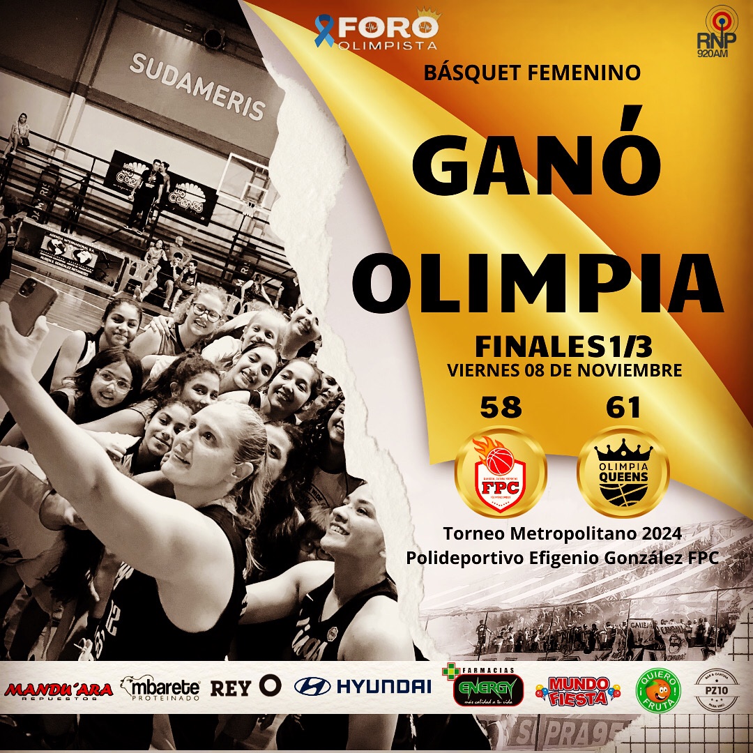 🏀 #Básquet | Finales 1/3

👑 Las Reinas del Básquet Paraguayo ganaron 61 a 58 al Félix Pérez Cardozo en un encuentro que solo Olimpia puede revertir resultados adverso con garra, alma y actitud. 

🏴🏳️ ¡Go Queens Go! 🏴🏳️
🏴🏳️ ¡Olimpia va por todo! 👊🏻

#ForoLlenodeGlorias