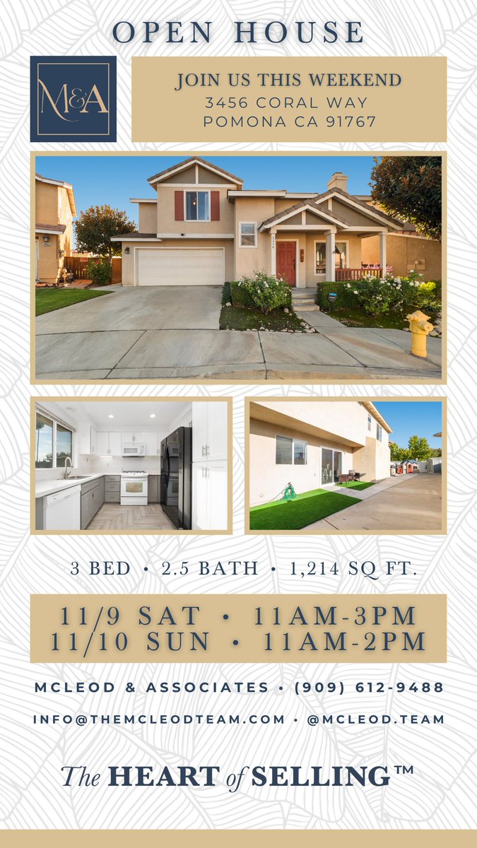 TheMcLeodTeam's tweet photo. Open House Tomorrow and Sunday 📷 Join us: 11/9 SAT • 11AM-3PM 11/10 SUN • 11AM-2PM 📷 3456 Coral Way, Pomona CA! https://t.co/lKT208kmF1