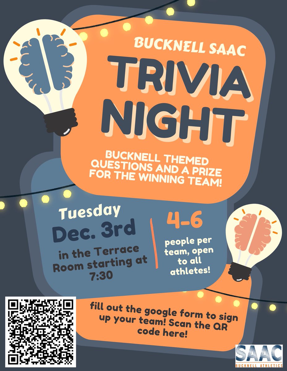 BucknellSaac's tweet photo. SAAC Bucknell themed trivia night is Tuesday, December 3rd!!⭐️Use the QR code below to sign up your team of 4-6. ALL STUDENT ATHLETES WELCOME!! Come have some fun and win some awesome prizes!!! https://t.co/ZjMgMCpGl7