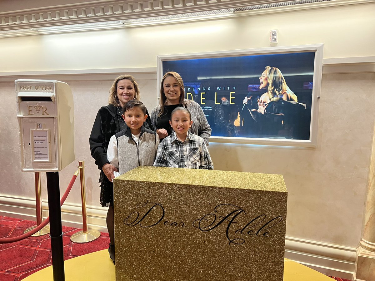 AdeleChasin's tweet photo. @george_danyluk @Adele Feb 25,2023 
Introduced my mom Teresa, son Romeo 11, &amp; Nolan 9 to their first Adele show in Vegas. They all fell in love. https://t.co/EEqVIEL1Fe