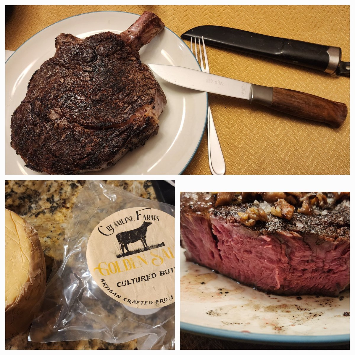 LowcarbLiberty's tweet image. How does one celebrate their 28th wedding anniversary? A 1lb #ribeye for the wife and a 2½lbs #cowboy cut ribeye for me, #sousvide for 4hrs at 135°f and then seared.
Tonight's #vintage #knife is a 1960's or 70's #puukko #knife 

@ChefGruel wanted steaks in his timeline so here