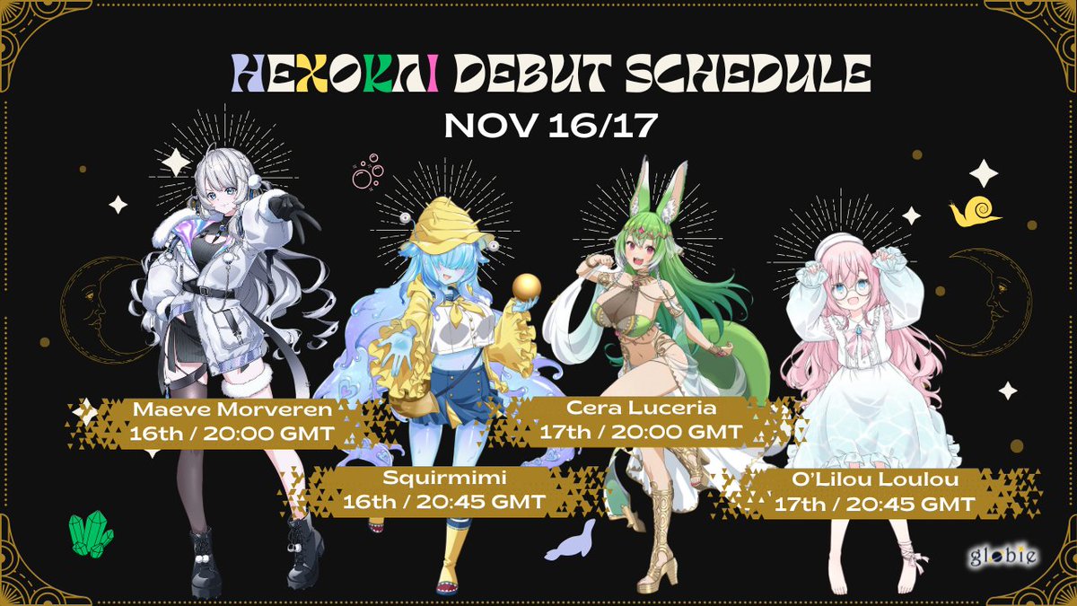 globiesocial's tweet photo. Here is the schedule for our Gen 3 Debut streams!  Ready for our new faces? 👀 Clear your calendar! 🗓️

Come visit their waiting rooms!
🧜‍♀️🦭Maeve: https://t.co/fpRyjnfJOn
🐌🍿Mimi: https://t.co/JYavMO4uwz 
💃🧃Cera: https://t.co/6njBgNewSd
🌊🫧Lilou: 
https://t.co/AgS6Yiq0SK 

#hexokai #globie