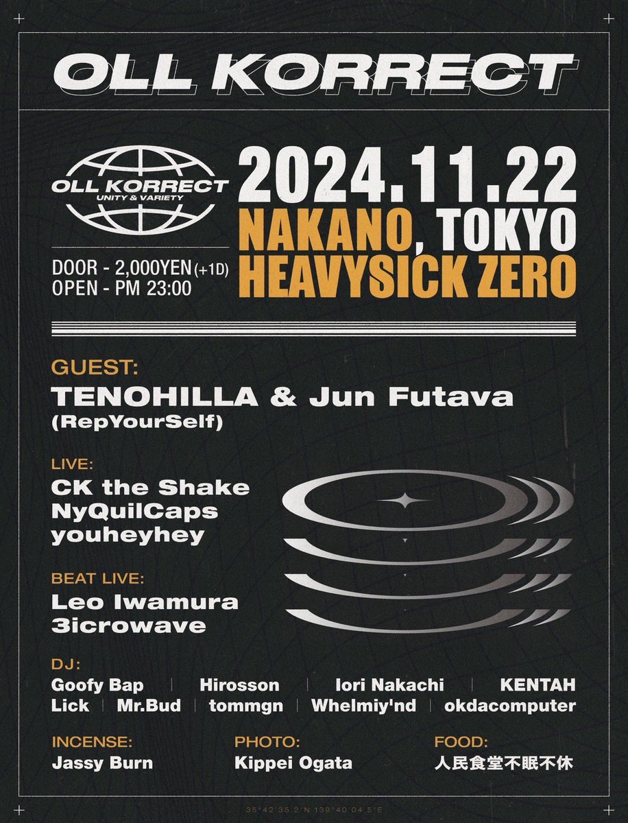 Oll Korrect
2014.11.22(金) 23:00~

ゲストにRepYourSelfから
TENOHILLAとJun Futavaの3人
ヨヘヘはライブします🫡

年内最後のオールコレクトなので
早めの忘年会バイブス😤