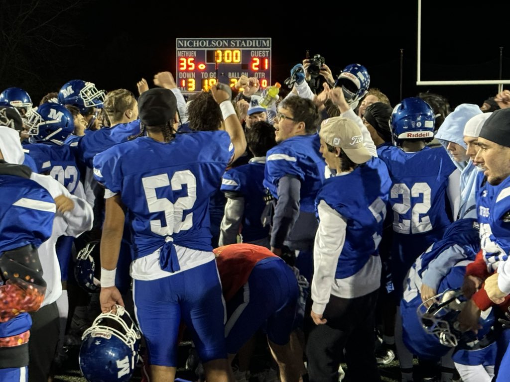 Matt Siegel (@sportvideoma) on Twitter photo Final: <a href="/methuensports/">Methuen High School Athletics</a> defeats <a href="/FHSSports/">FranklinAthletics</a> 35-21 to advance to the D1 quarterfinals next weekend. Shane Eason led the way with 5 TDs behind a dominating O-line while the D kept Franklin out of the end zone most of the night. <a href="/BostonHeraldHS/">Danny Ventura</a> <a href="/GlobeSchools/">Boston Globe Schools</a> <a href="/newftbj/">New England Football Journal ® 🏈</a> Final: <a href="/methuensports/">Methuen High School Athletics</a> defeats <a href="/FHSSports/">FranklinAthletics</a> 35-21 to advance to the D1 quarterfinals next weekend. Shane Eason led the way with 5 TDs behind a dominating O-line while the D kept Franklin out of the end zone most of the night. <a href="/BostonHeraldHS/">Danny Ventura</a> <a href="/GlobeSchools/">Boston Globe Schools</a> <a href="/newftbj/">New England Football Journal ® 🏈</a>