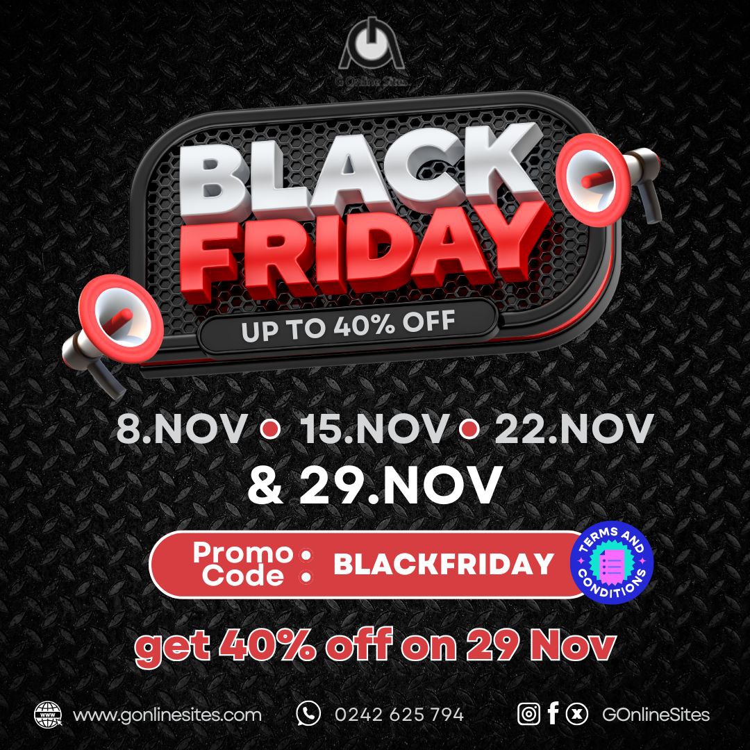 GOnlineSites's tweet photo. 🎉 Black Friday! 🌟 

Every Friday in November, up to 40% OFF your purchase with the promo code *BLACKFRIDAY*  

#BlackFridayDealsOnlineSites #WebHosting #WebsiteDesign #Online #you dey #cocobod  #NovemberSavings #PromoCode #AUSvPAK #JHOPE #Ghana #cpanel #Israel #ROCKY https://t.co/18UXbEin9a