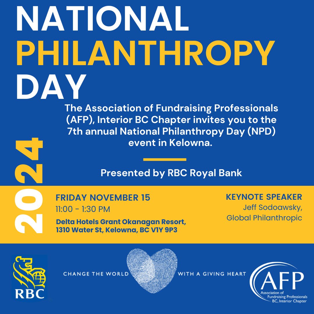 AFPInteriorBC's tweet photo. Don't miss out on celebrating the spirit of giving with us at the National Philanthropy Day® Luncheon in Kelowna! Tickets are selling fast, so be sure to bring your donors &amp; colleagues for a memorable celebration of philanthropy and community impact. 
➡️ https://t.co/EhoOi7tlsp https://t.co/2ZVL6J98vo