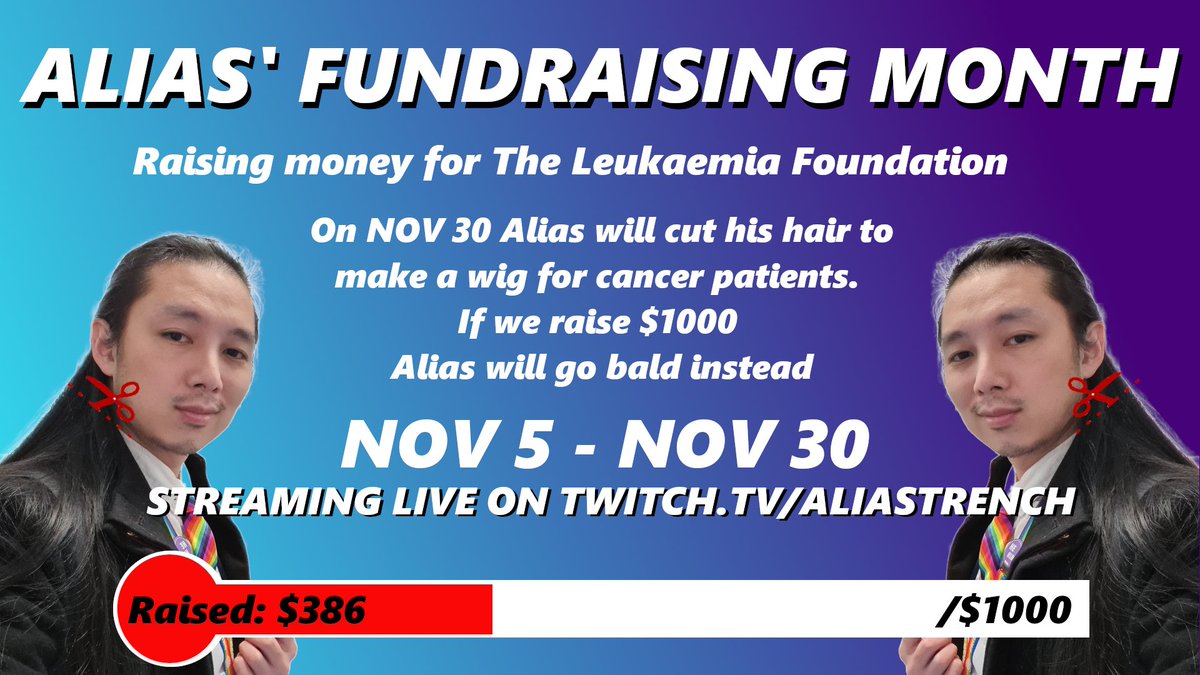 Hey everyone!
I'm raising money for <a href="/LeukaemiaAus/">Leukaemia Foundation</a>  &amp; donating my hair to make a wig for cancer patients. If we raise over $1000 by the end of November, I will go bald instead. Today we're singing some come listen to some tunes and do some good!
twitch.tv/aliastrench