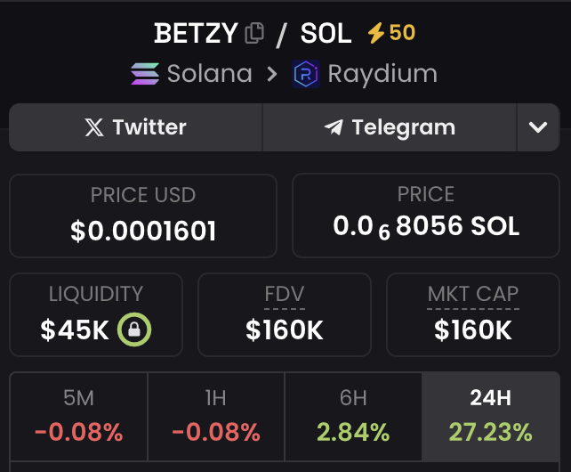 CA: 2qJEhdmMjURYy3e5DYCE5TyRuSTDjf68RLK9ZAvapump
#SOLWinsOnly @RaydiumProtocol <a href="/dexscreener/">DEX Screener</a> @betzy_xyz $BETZY