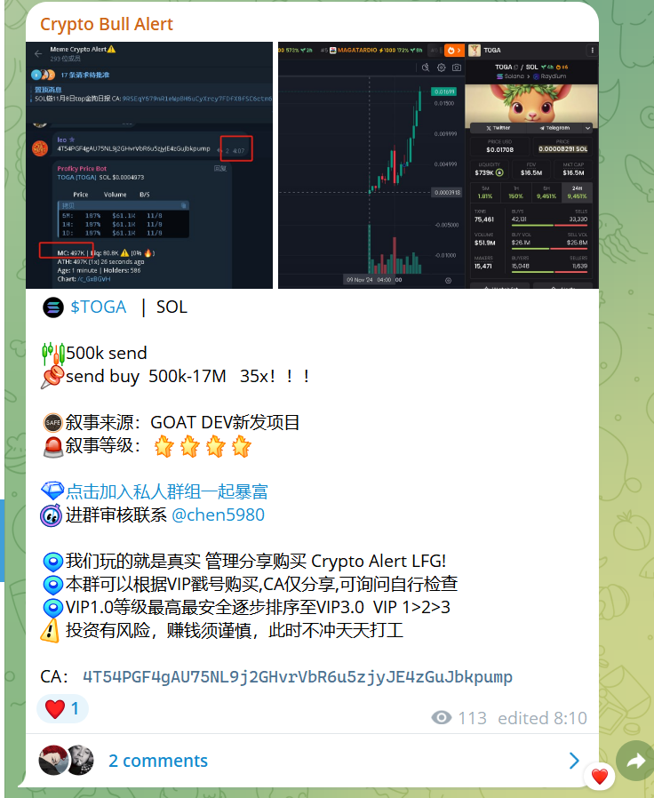 昨晚最佳pump 属  $TOGA 了吧 总结下 正常一个pump的发射基本上大家似乎喜欢从几个维护去寻找角度叙事：

1.推特是否有名人打call
2.TG是否有名人频道打call
3.创建者历史发币数量，历史成功了哪些代币
4.项目方推特，是否名人关注加加持